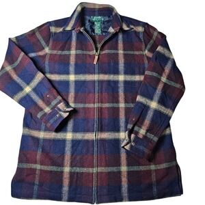 Ralph Lauren Long Zip up Flannel Shacket Jacket 100% Lambswool Med Snap Cuff